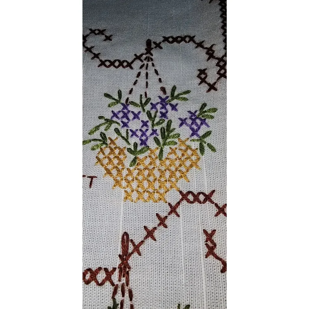 Vintage Hand Embroidered Linen Curtain Panel Hanging Flower Basket Cottagecore
